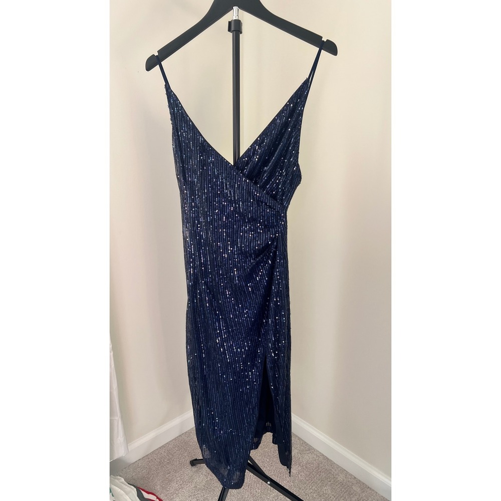 Hello Molly Quiet Dancer Sequin Midi Dress Midnight Blue Navy Cocktail Sz M US 6